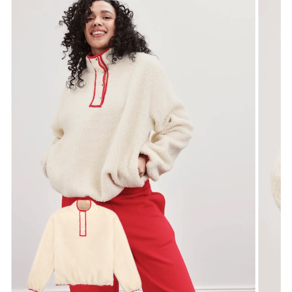 Parke fleece pullover Cozy Cream Sweater with Red Accents